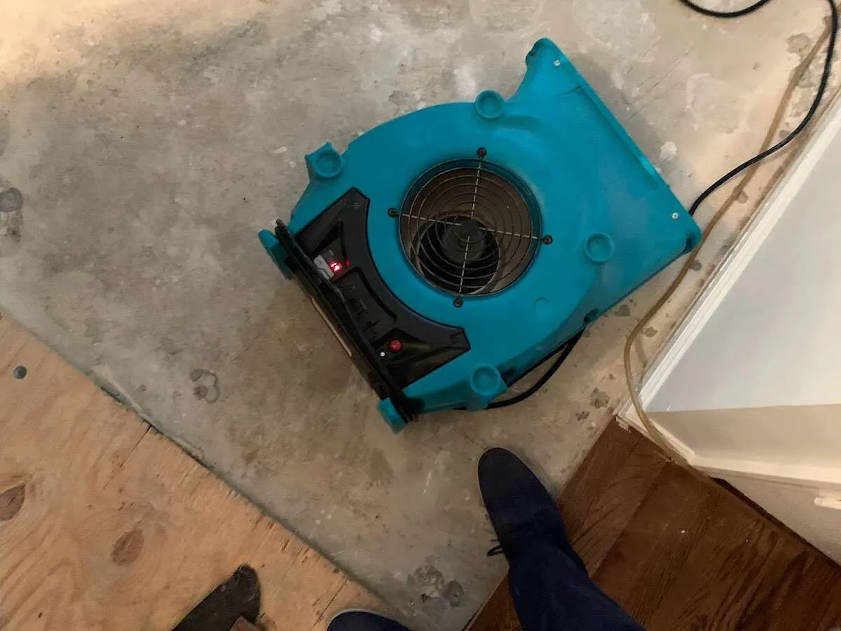 Air mover drying subfloor during Leak Detection & Repair in East Lake